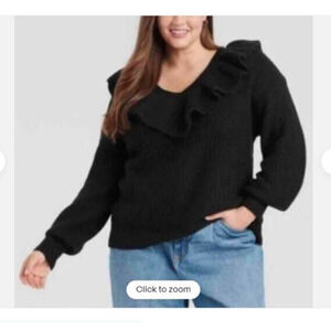 A New Day Women's Plus Size V-Neck Ruffle Pullover Sweater Black Size 1X NWT